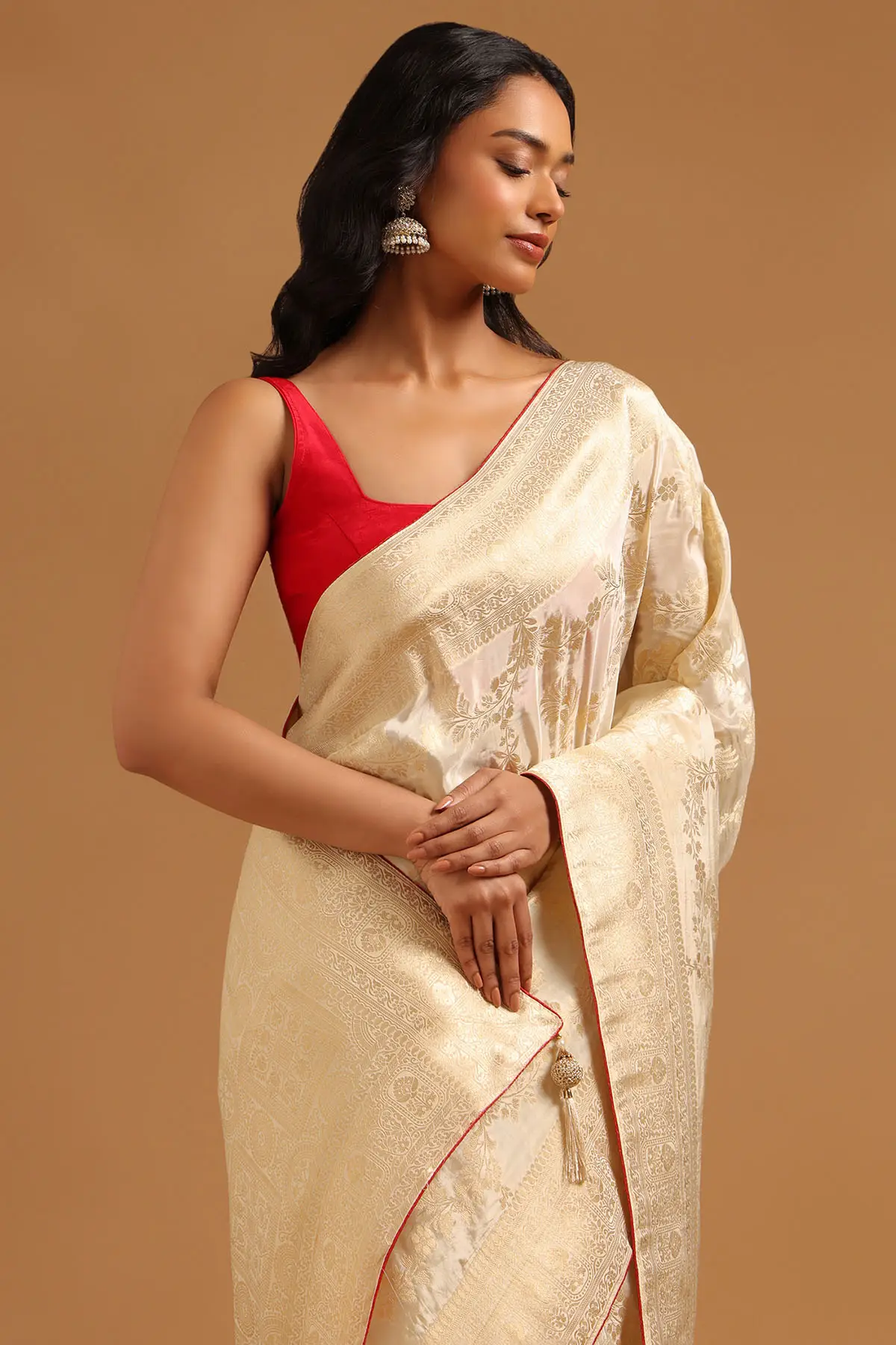 Cream Silk Blend Botanical Zari Woven Saree